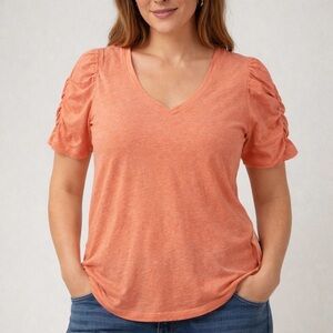 WOMEN’S DEMOCRACY CORAL V-NECK TEE TSHIRT WITH ROUCHED CAP SLEEVES SIZE XL